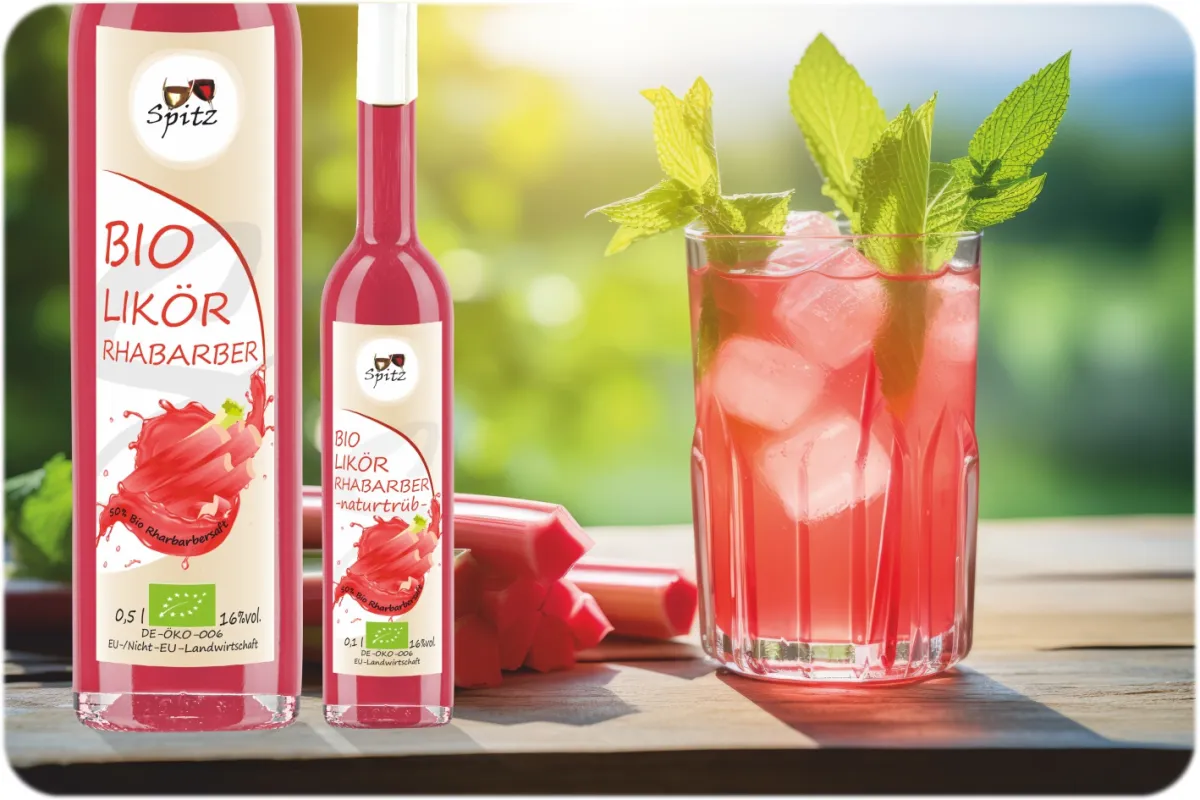 Bio Rhabarber Likör mit 50% Bio Rhabarbersaft von Bio Manufaktur Spitz (© Honorarfreie Verwendung für den publizistischen, nicht-kommerziellen Einsatz.)