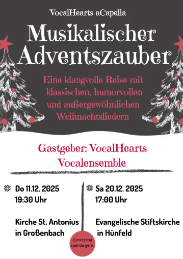 VocalHearts bringen mit zwei Adventskonzerten musikalischen Zauber in die Weihnachtszeit Bild: VocalHearts bringen mit zwei Adventskonzerten musikalischen Zauber in die Weihnachtszeit