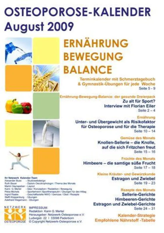 Titelblatt des Osteoporose Kalender August 2009 vom Netzwerk Osteoporose