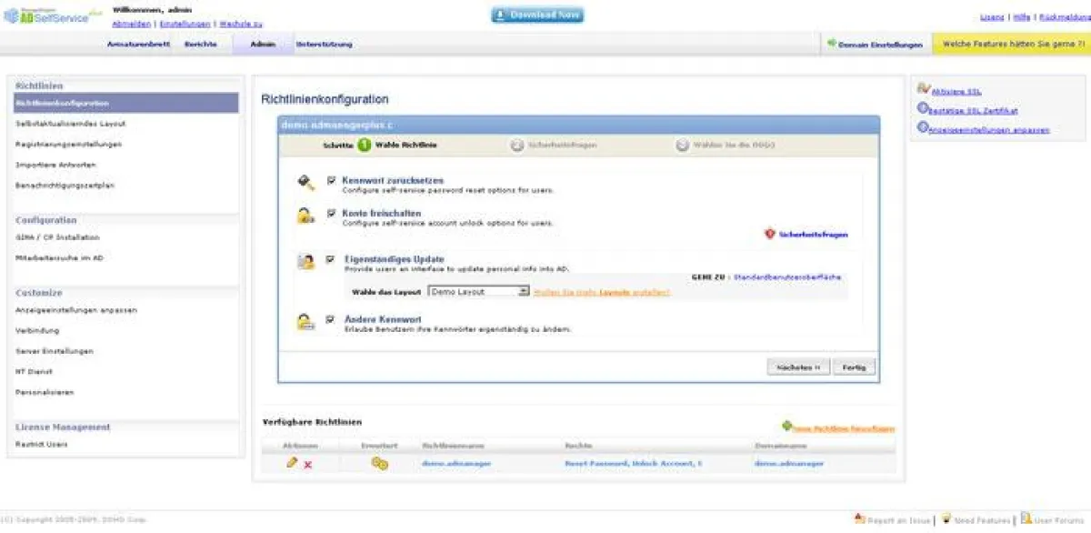 Bedienoberfläche des ADSelfService Plus