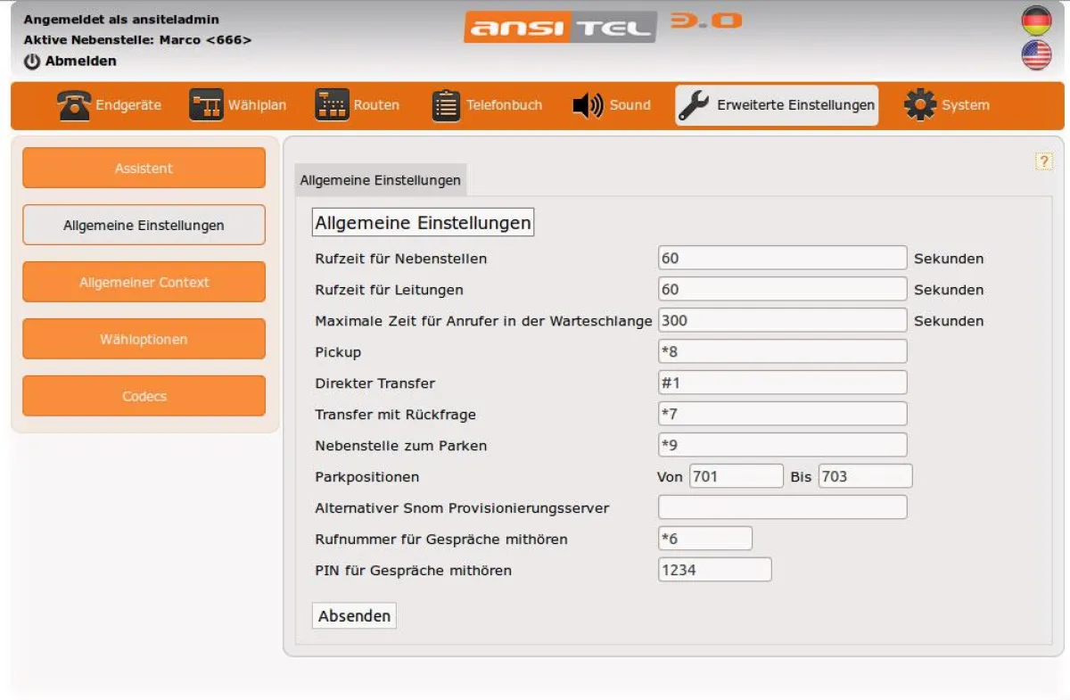 Screenshot vom ansitel webinterface 3.0