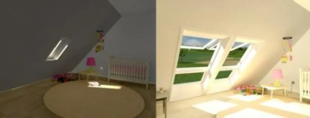 In die animierte Welt der VELUX 3D Sphäre können Messebesucher selbst eingreifen: Mit großzügigen Fensterlösungen verändern sie in den anfangs eher düsteren Räumen nach und nach den Lichteinfall und d