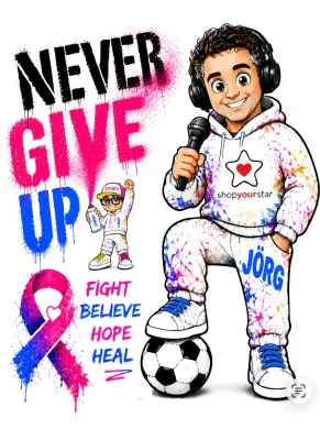 Bild: „NEVER GIVE UP“ – Jörg Dahlmann, Pop-Art-Künstler Shary und ShopYourStar setzen Zeichen im Kampf gegen Krebs