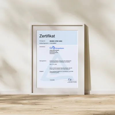 Wichtiger Meilenstein: GroupAlarm erfolgreich auf ISO 27001:2022 rezertifiziert Bild: Wichtiger Meilenstein: GroupAlarm erfolgreich auf ISO 27001:2022 rezertifiziert