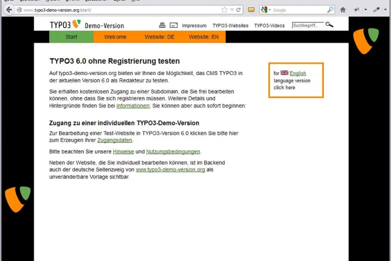 Bild: Neue TYPO3-Demo-Websites in den Versionen 6.0, 4.7 und 4.5 LTS