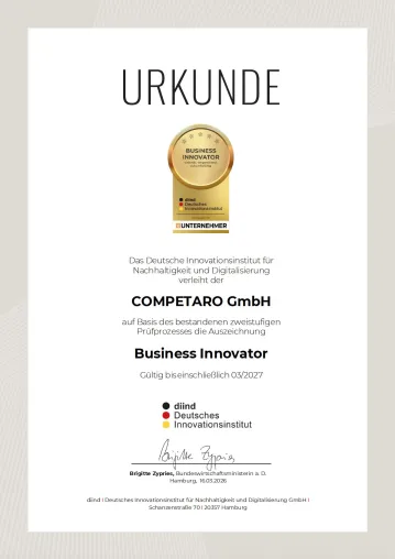 Deutsches Innovationsinstitut zeichnet COMPETARO GmbH als „Business Innovator" aus Bild: Deutsches Innovationsinstitut zeichnet COMPETARO GmbH als „Business Innovator" aus