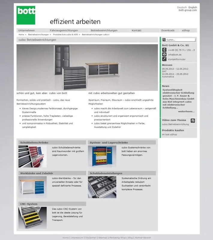 bott Website zu Betriebseinrichtungen mit integrierten Videoclips