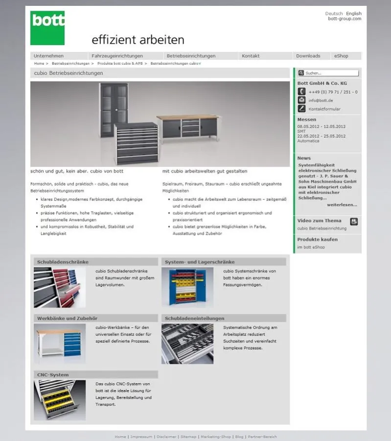 bott Website zu Betriebseinrichtungen mit integrierten Videoclips