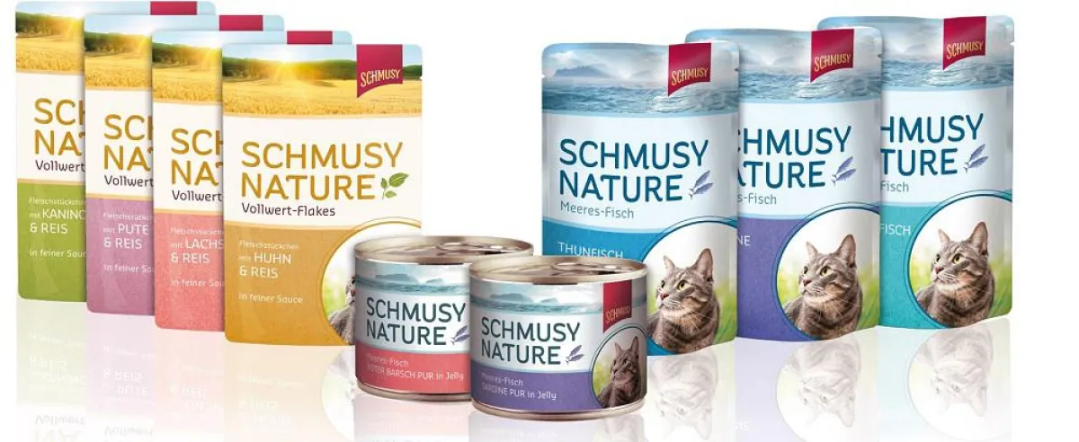 Die neuen Produktlinien: Schmusy Nature Vollwert-Flakes und Meeres-Fisch.