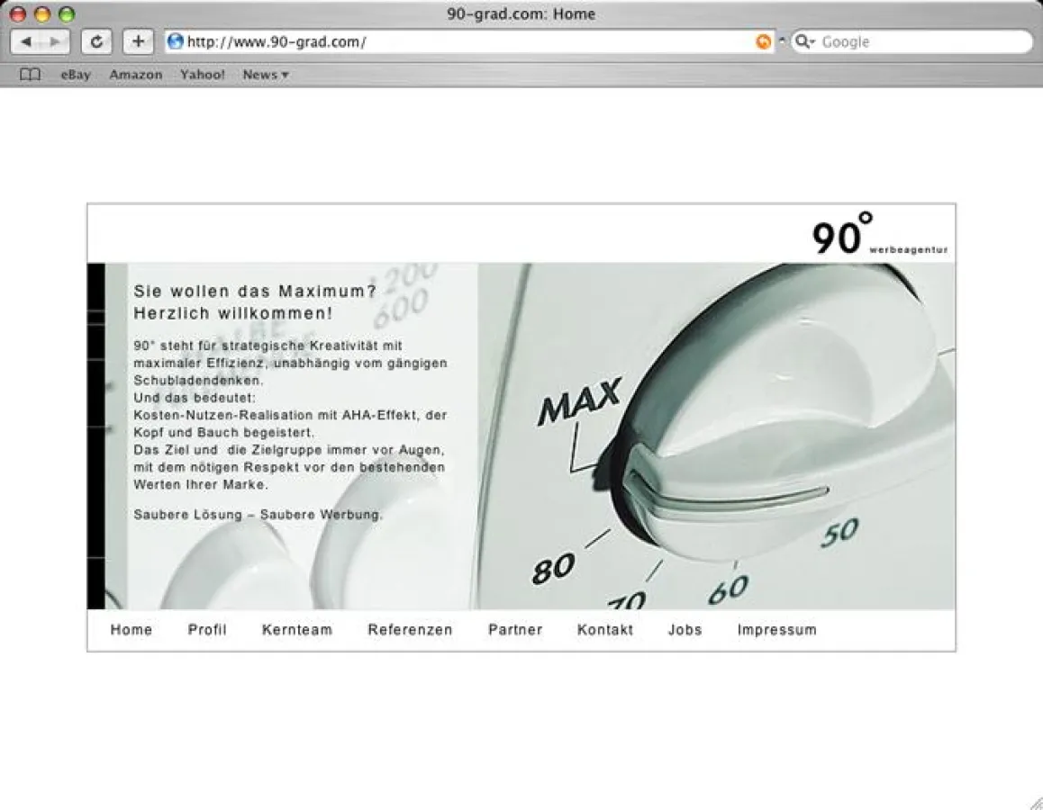 Screenshot des neuen Internetauftrittes der 90° werbeagentur