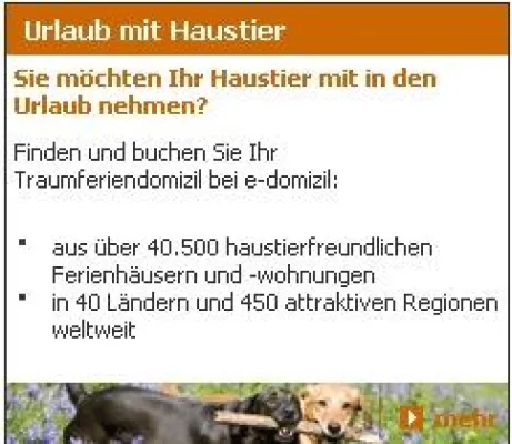 Bild: Urlaub auf vier Pfoten: e-domizil richtet speziellen Buchungsservice für den Urlaub mit Haustieren ein