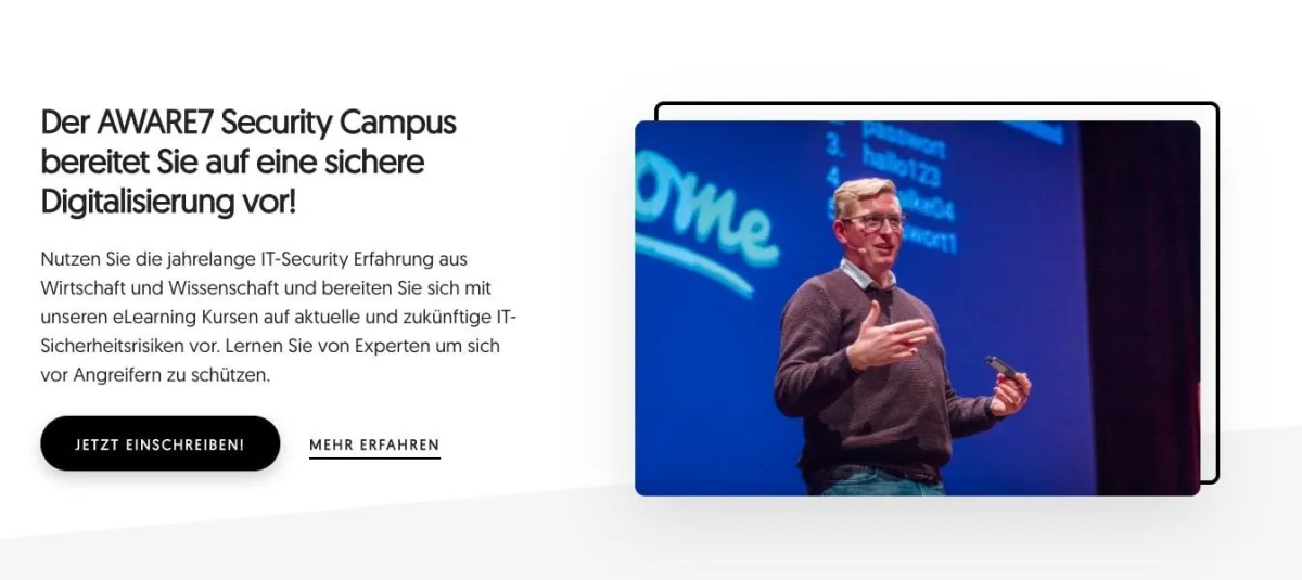 Die Startseite vom Security Campus der AWARE7 GmbH (https://learning.aware7.de