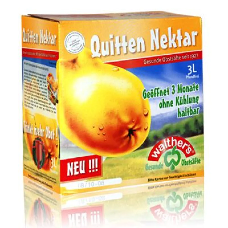 Ganz frisch: Quitten-Nektar Jahrgang 2006 in der praktischen 3-Liter-Saftbox der Kelterei Walther aus Arnsdorf bei Dresden. Erhältlich bei www.saftboxen.de.