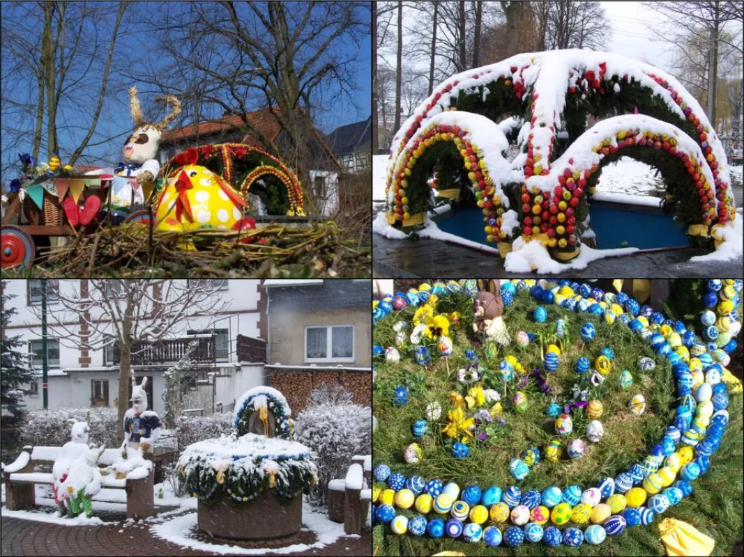 Die Langenwetzendorfer Osterbrunnen im Park und am Anger bei jedem Wetter. (Bild von 2008)