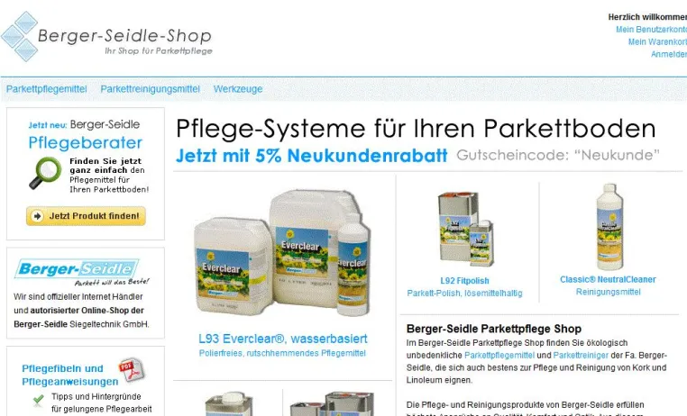 Exklusiv Shop für Parkettpeflegemittel von Berger-Seidle auf Basis von Magento Bild: Exklusiv Shop für Parkettpeflegemittel von Berger-Seidle auf Basis von Magento