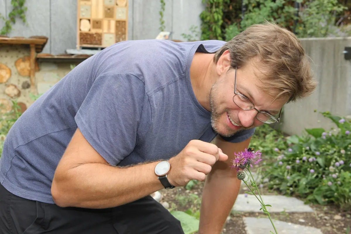 Wildbienen und Wildblumen sind seine Leidenschaft: Dr. Claudio Sedivy in einem BeeParadise.