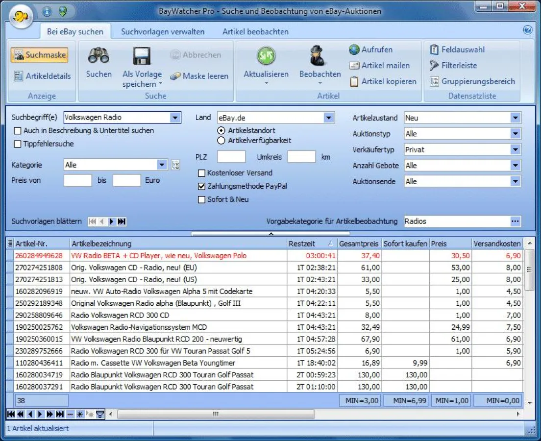 BayWatcher Pro 7 - Blitzschnelle Auktionssuche bei eBay