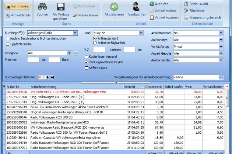 Bild: BayWatcher Pro 7 - eBay-Auktionen suchen, finden und beobachten