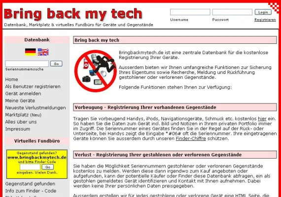 Bild: Bring back my tech - kostenlose, zentrale Diebstahldatenbank
