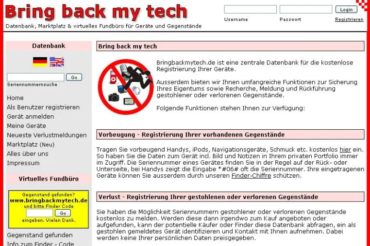 Bring back my tech - kostenlose, zentrale Diebstahldatenbank Bild: Bring back my tech - kostenlose, zentrale Diebstahldatenbank