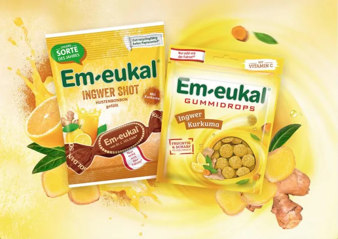 Em-eukal® Ingwer Shot und Em-eukal® Gummidrops Ingwer Kurkuma bieten extrascharfen Genuss Bild: Em-eukal® Ingwer Shot und Em-eukal® Gummidrops Ingwer Kurkuma bieten extrascharfen Genuss