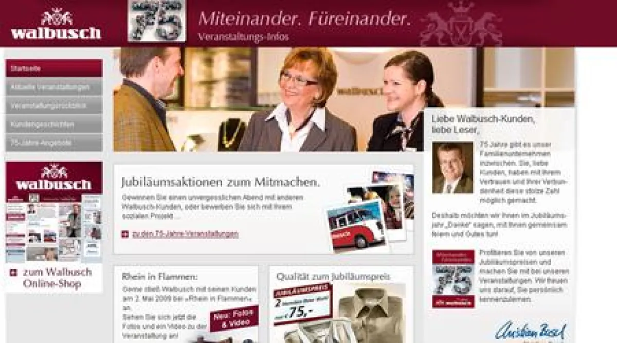 „75 Jahre Walbusch“ Aktionsseite: Screenshot der Startseite