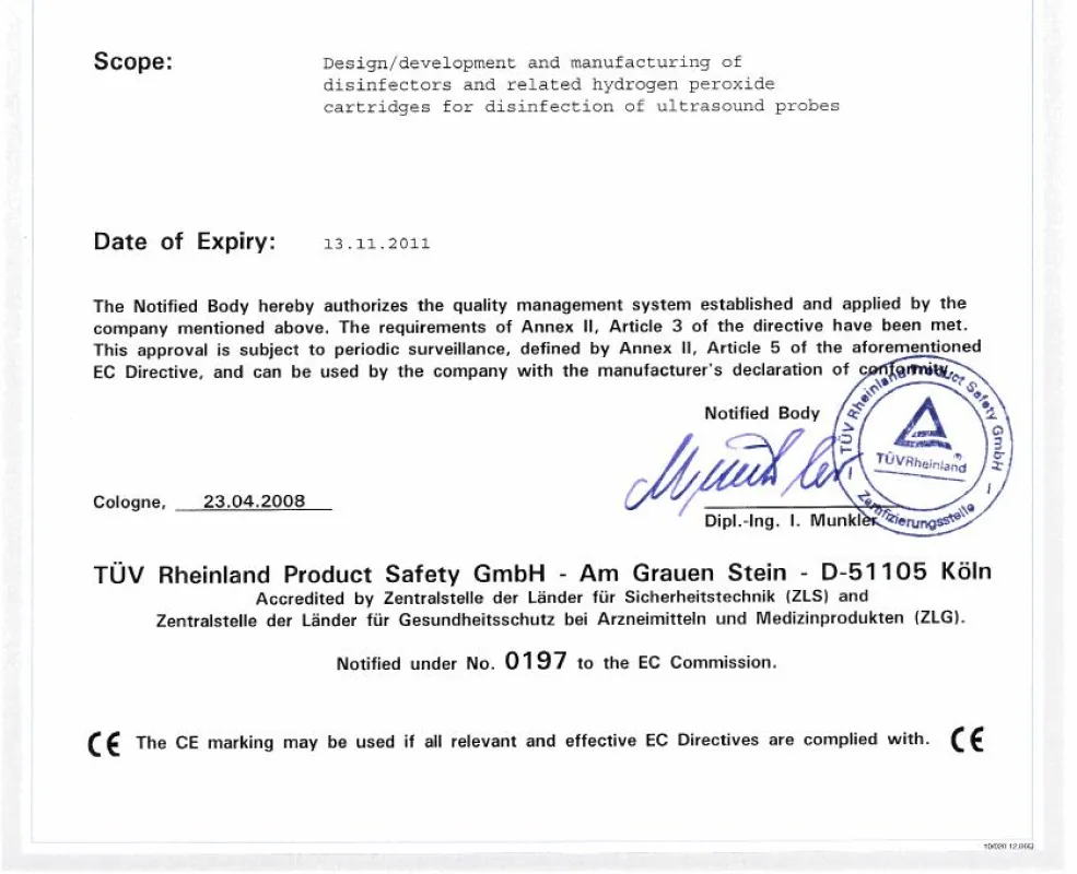 Nanosonics CE Zertifikat