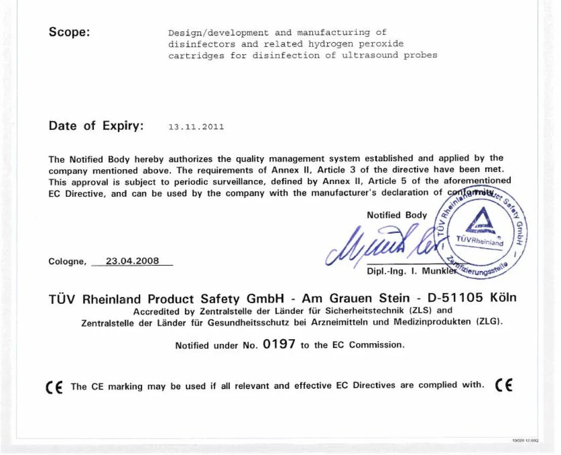 Nanosonics CE Zertifikat