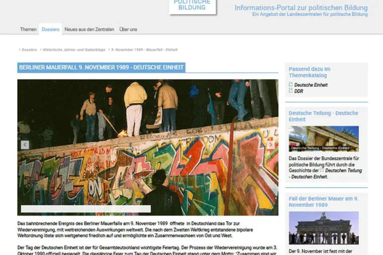Bild: Online-Dossier „9.11.´89 - Berliner Mauerfall und Einheit“ auf dem Informations-Portal zur politischen Bildung