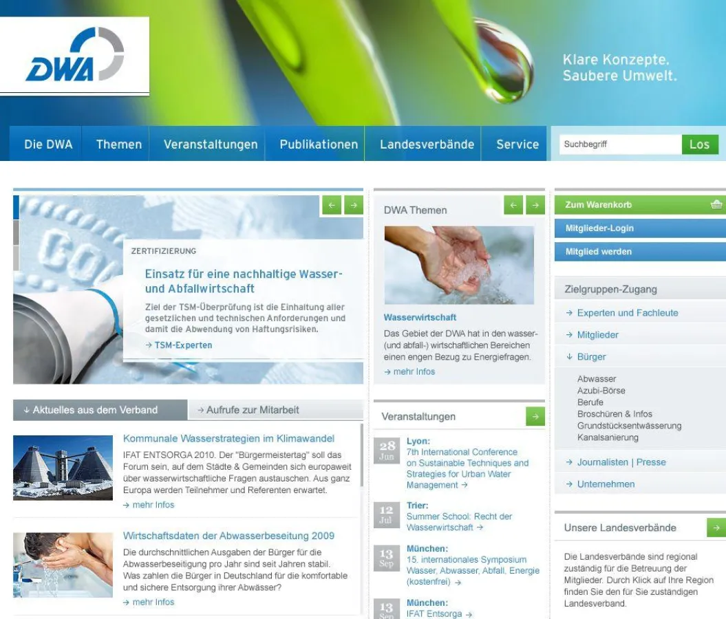 Ausschnitt neue Startseite der DWA