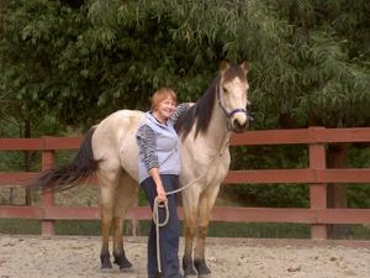 Jan Carter, Gründerin von ?Save the Brumbies?, mit dem Maskottchen der Station, Brumby Adam (Foto: Archiv Carter).