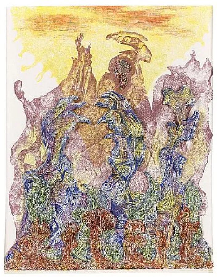 B. Schultze, Migof-Kulissen-Landschaft. 1972. 5 Lithogr. in Objektkasten montiert, 59 x 48 x 3,4 cm.