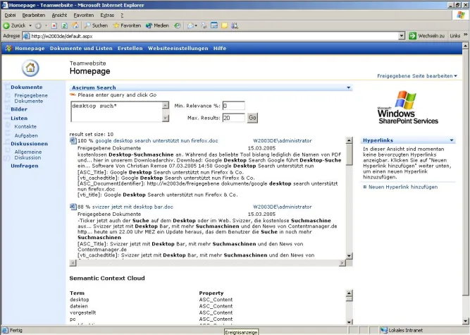 ASCIRUM präsentiert intelligente Suche für die SharePoint-Technologie Bild: ASCIRUM präsentiert intelligente Suche für die SharePoint-Technologie
