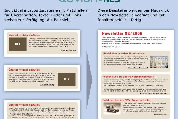 Der Newsletter-Baukasten der Quvion-Newsletter-Software für kinderleichtes E-Mail-Marketing Bild: Der Newsletter-Baukasten der Quvion-Newsletter-Software für kinderleichtes E-Mail-Marketing