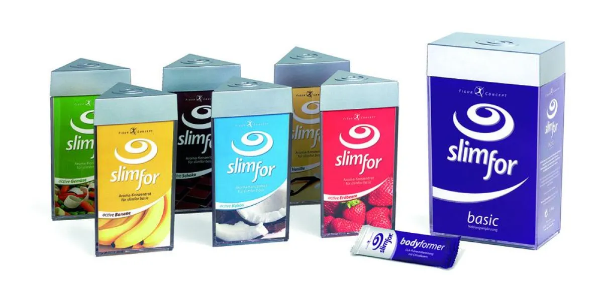 Das Produktsortiment der slimfor Nahrungsergänzung. Ein slimfor basic Shake hat nur 62,9 kcal und kann mit den 6 verschiedenen Aromen täglich neu variiert werden.