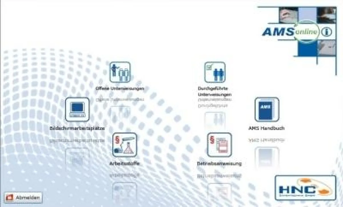 AMS online mit den Modulen Online-Unterweisung, Bildschirmarbeitsplatzanalyse, Arbeits- und Gefahrstoffe, Betriebsanweisungen und AMS-Handbuch.