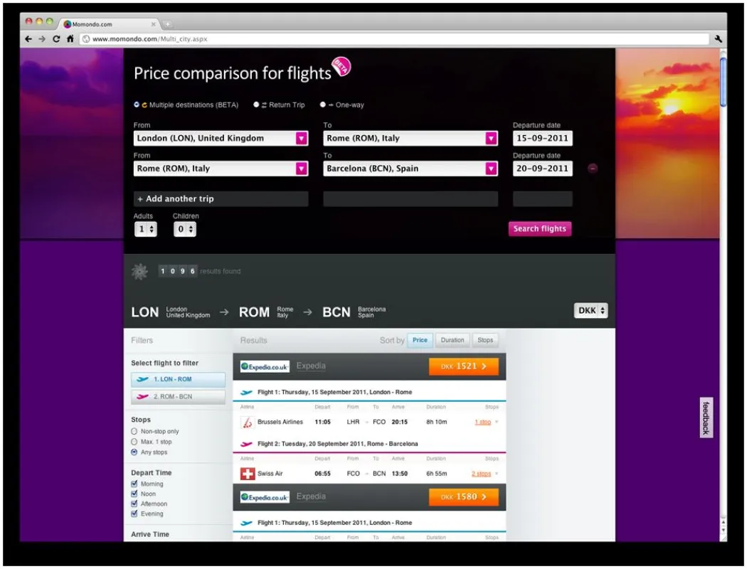 Screenshot der neuen Suchfunktion auf http://www.momondo.com/Multi_city.aspx (Beta-Version)