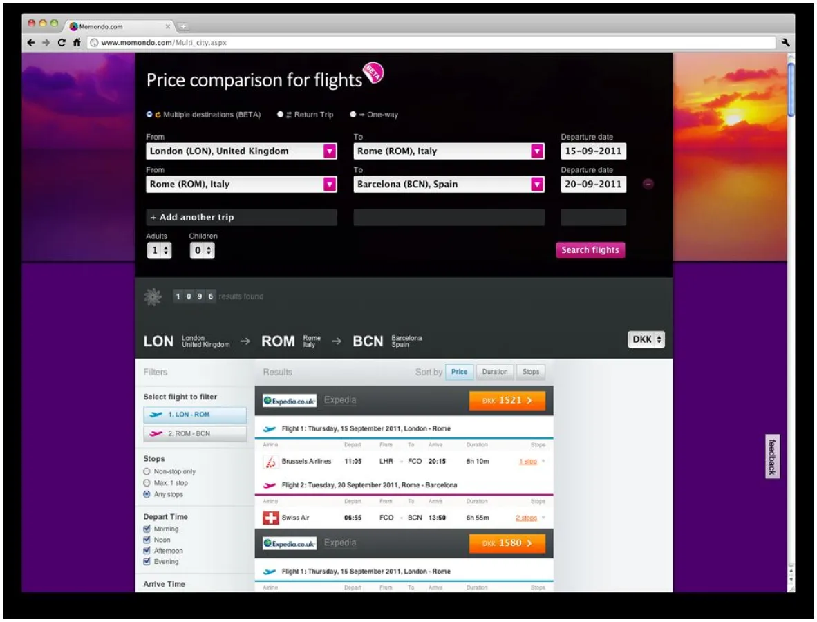 Screenshot der neuen Suchfunktion auf http://www.momondo.com/Multi_city.aspx (Beta-Version)