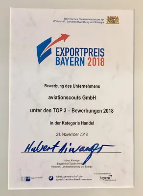 Bild: Exportpreis Bayern 2018: aviationscouts GmbH gehört zu den TOP 3 Bewerbern in der Kategorie Handel