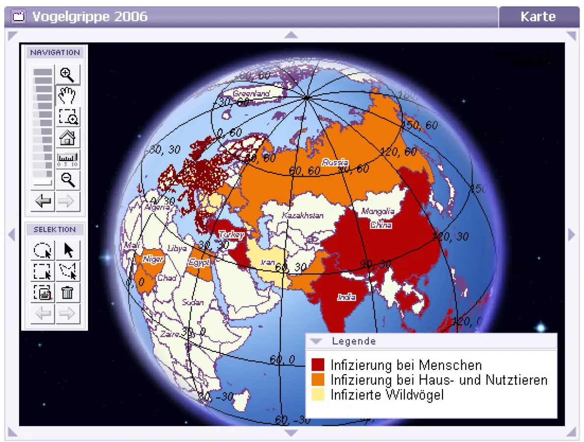 Screenshot der Vogelgrippekarte im MapChart EarthAtlas