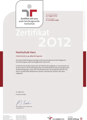 Bild: „audit familiengerechte hochschule“ an die Hochschule Harz verliehen