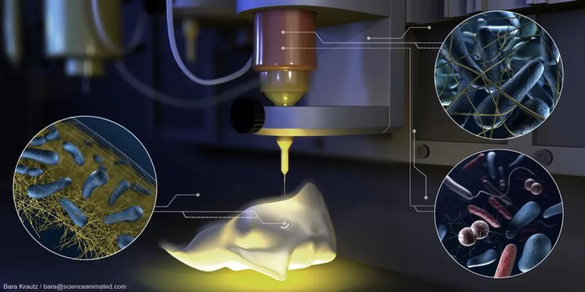 Mit der neuen Technik lassen sich biochemische Minifabriken mit unterschiedlichen Bakterien auf komplexe Oberflächen drucken. (science animated by Bara Krautz)