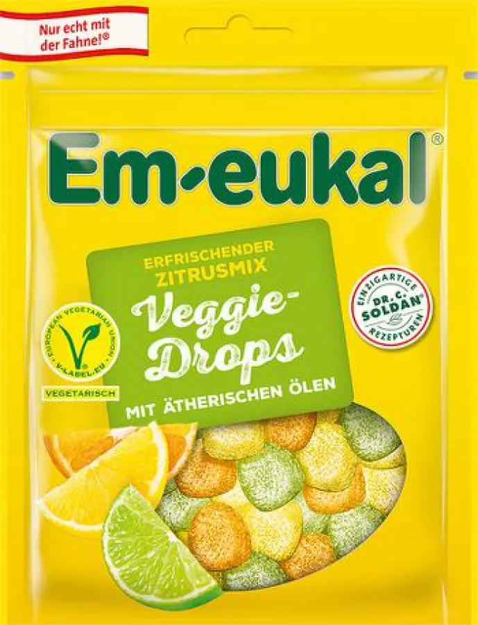 Die Em-eukal Veggie-Drops verwöhnen als erfrischender Zitrusmix und ohne tierische Gelatine.