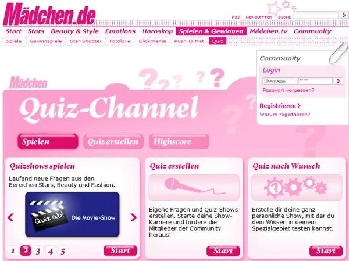 Startseite Mädchen.de Quiz-Channel powered by ChannelQ