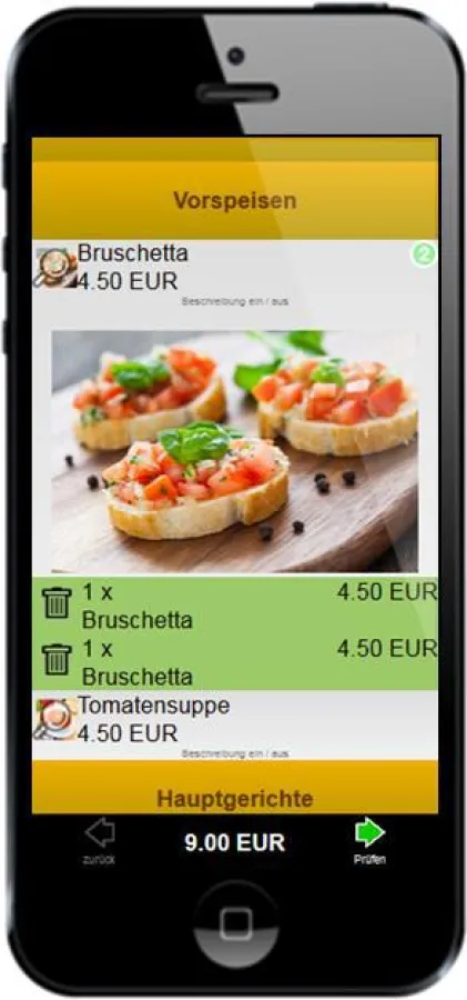 Speisekarte im Smartphone mit Bestellfunktion