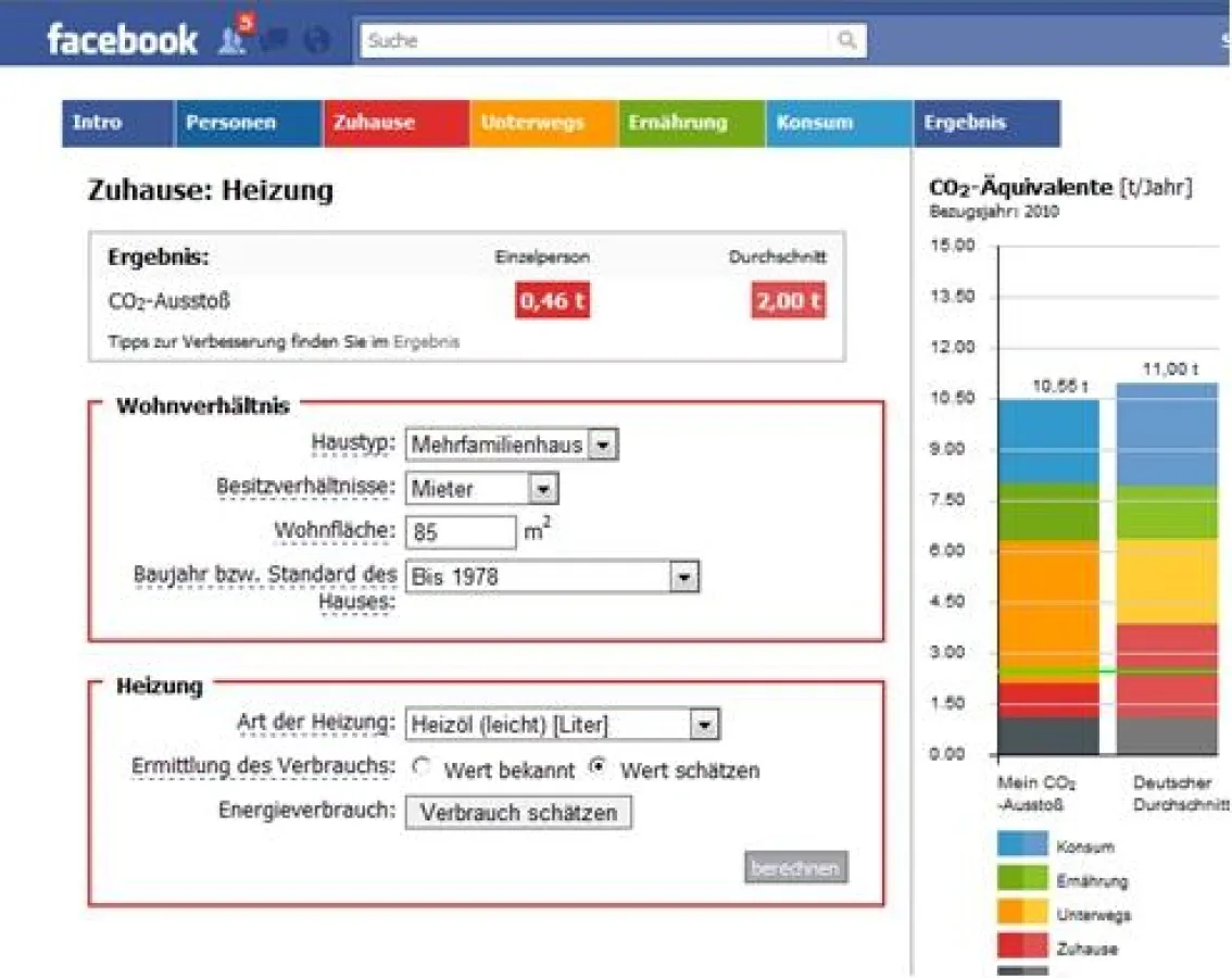 Der CO2-Rechner von KlimAktiv als Facebook-Anwendung