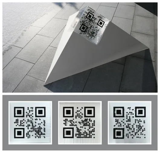 Drei QR-Codes in einem 3D-QR-Code vereint Bild: Drei QR-Codes in einem 3D-QR-Code vereint
