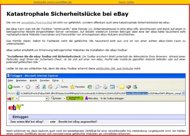 Bild: Wortfilter.de warnt: Gefährliche Phishing-Mail mit verschleierter URL offenbart neue eBay-Sicherheitslücke