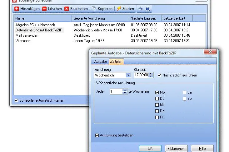 Programme unter Vista zeitgesteuert ausführen mit dem aborange Scheduler 2.10 Bild: Programme unter Vista zeitgesteuert ausführen mit dem aborange Scheduler 2.10