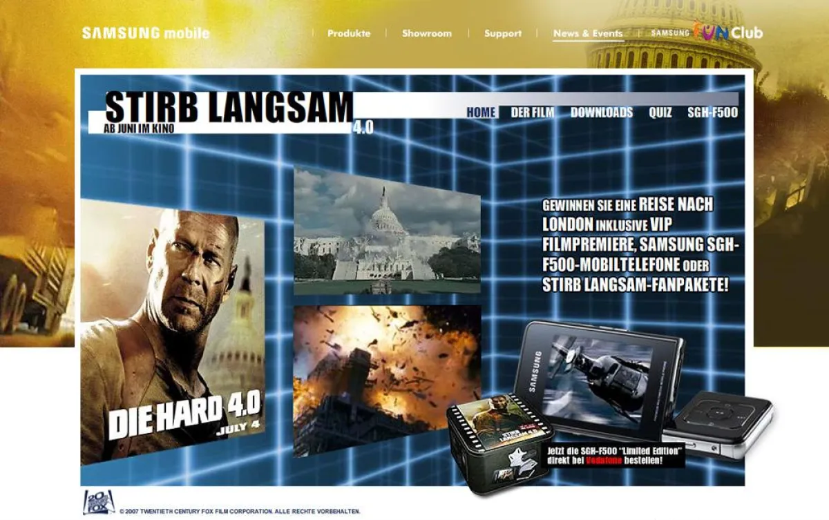 Startseite des Samsung-Mobile-Special zum Film „Stirb Langsam 4.0“